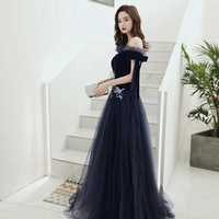 Blue velvet tulle long prom dress evening dress - Thumbnail 1
