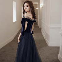 Blue velvet tulle long prom dress evening dress - Thumbnail 2