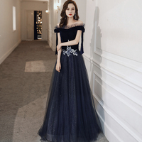 Blue velvet tulle long prom dress evening dress - Thumbnail 3
