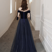 Blue velvet tulle long prom dress evening dress - Thumbnail 4