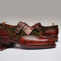 Handmade Two Tone Wing Tip Leather Suede Shoes,Fringe Monk Oxford Men's Shoes - Thumbnail 1
