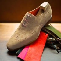 Handmade Beige Wing Tip Shoes.Suede Lace Up Shoes,Formal Dress Shoes - Thumbnail 1