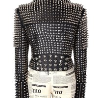 Bespoke Black Studded Leather jacket for women, spiked leather jacket - Thumbnail 3