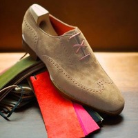 Handmade Beige Wing Tip Shoes.Suede Lace Up Shoes,Formal Dress Shoes - Thumbnail 1