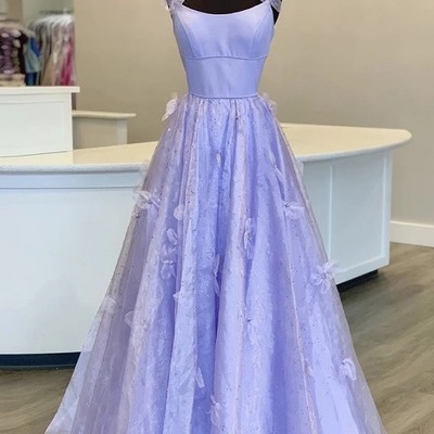 New arrival lilac tulle a line long evening dress prom gowns with applique - Thumbnail 5