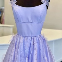 New Arrival Lilac Tulle A Line Long Evening Dress Prom Gowns With Applique - Thumbnail 3