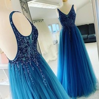 Blue Tulle Sequins Open Back Long Custom Made Prom Dress, Evening Dress - Thumbnail 1