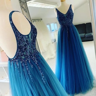 Blue tulle sequins open back long custom made prom dress, evening dress - Thumbnail 5