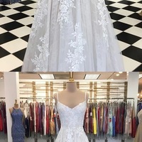 Creamy Tulle V Neck Custom Made Long Prom Dress, Evening Dress With Applique - Thumbnail 3