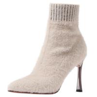 Women's Boots 2020 New Women's Hairy High-Heeled Short Boots, Women's Stiletto Elastic Boots F6210 - Thumbnail 1