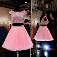 Beautiful Princess Bateau Neck Homecoming Dresses, Crystal Beaded Two Piece Homecoming Dresses, Pink Tulle Short Homecoming Dresses,,648 - Thumbnail 2