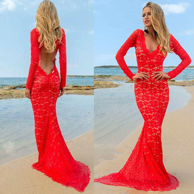 V-neck Red Prom Dresses, Long Sleeve Lace Evening Dresses, Open Back Prom Dress with Sweep Train,649