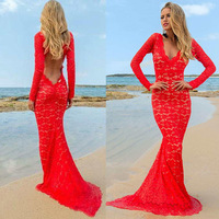 V-neck Red Prom Dresses, Long Sleeve Lace Evening Dresses, Open Back Prom Dress with Sweep Train,649 - Thumbnail 2