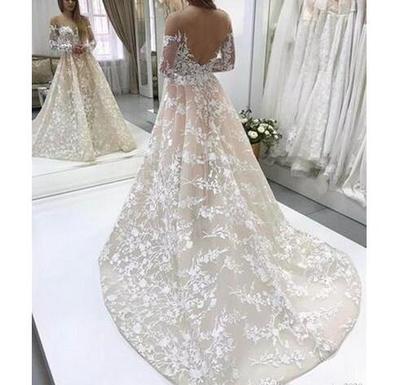 Charming Luxury Wedding Dresses Ivory Lace Embroidery Nude Tulle Neckline Long Sleeves Champagne Court Train Wedding Gowns，652