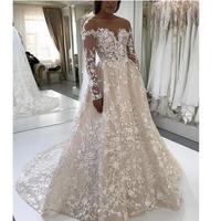 Charming Luxury Wedding Dresses Ivory Lace Embroidery Nude Tulle Neckline Long Sleeves Champagne Court Train Wedding Gowns，652 - Thumbnail 1