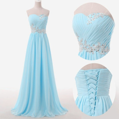 Back Up Lace Blue Prom Dresses,Sweetheart Beaded Evening Dresses，653