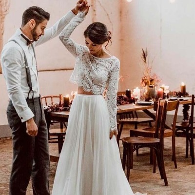 Boho lace long sleeves wedding gown two pieces,ivory tulle bridal gowns,v back simple wedding gowns,655