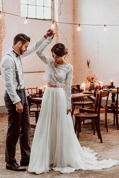 Boho Lace Long Sleeves Wedding Gown Two Pieces,Ivory Tulle Bridal Gowns,V Back Simple Wedding Gowns,655