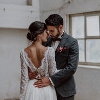 Boho Lace Long Sleeves Wedding Gown Two Pieces,Ivory Tulle Bridal Gowns,V Back Simple Wedding Gowns,655 - Thumbnail 2