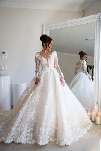 Beaded Floral Lace Wedding Dresses Illusion Long Sleeves 2020,656