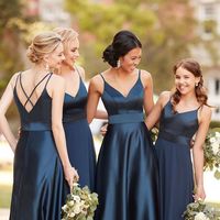 Elegant V Neck Navy Blue Satin Bridresmaid dresses - Thumbnail 1