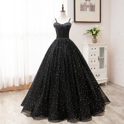 Black tulle long prom gown black evening dress