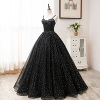Black tulle long prom gown black evening dress - Thumbnail 1