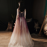 Burgundy tulle beads long prom dress evening dress - Thumbnail 6