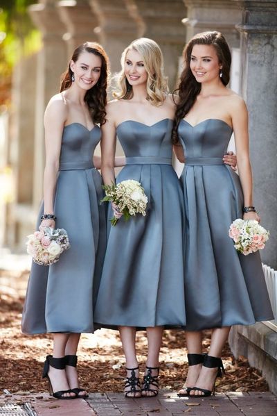 midi-length bridesmaid dress,Sweetheart satin wedding party dresses,grey short bridesmaid dress