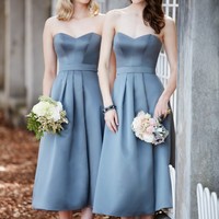 midi-length bridesmaid dress,Sweetheart satin wedding party dresses,grey short bridesmaid dress - Thumbnail 1