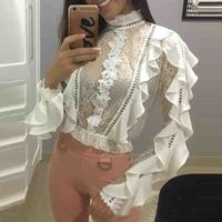 Flounced Lace High-Necked White Blouse - Thumbnail 1