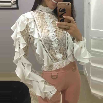 Flounced Lace High-Necked White Blouse