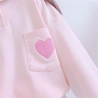 Cute Heart Embroidery Pocket Oversized Sweater Long Sleeve Shirt Pullover Hoodie Sweatshirt E-Girl Kawaii Korean Japanese Harajuku Retro Streetwear - Thumbnail 2
