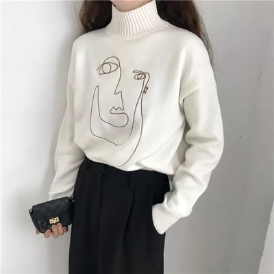 Cute geometric face knit turtleneck oversized sweater long sleeve shirt pullover sweatshirt e-girl kawaii korean japanese harajuku retro streetwear - Thumbnail 3