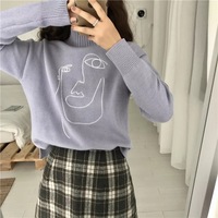 Cute Geometric Face Knit Turtleneck Oversized Sweater Long Sleeve Shirt Pullover Sweatshirt E-Girl Kawaii Korean Japanese Harajuku Retro Streetwear - Thumbnail 2