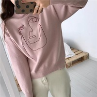 Cute Geometric Face Knit Turtleneck Oversized Sweater Long Sleeve Shirt Pullover Sweatshirt E-Girl Kawaii Korean Japanese Harajuku Retro Streetwear - Thumbnail 1