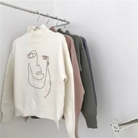 Cute Geometric Face Knit Turtleneck Oversized Sweater Long Sleeve Shirt Pullover Sweatshirt E-Girl Kawaii Korean Japanese Harajuku Retro Streetwear - Thumbnail 3