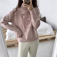 Cute Geometric Face Knit Turtleneck Oversized Sweater Long Sleeve Shirt Pullover Sweatshirt E-Girl Kawaii Korean Japanese Harajuku Retro Streetwear - Thumbnail 4
