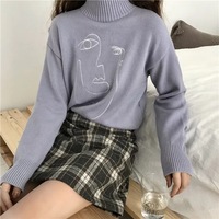 Cute Geometric Face Knit Turtleneck Oversized Sweater Long Sleeve Shirt Pullover Sweatshirt E-Girl Kawaii Korean Japanese Harajuku Retro Streetwear - Thumbnail 5