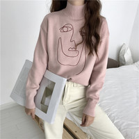 Cute Geometric Face Knit Turtleneck Oversized Sweater Long Sleeve Shirt Pullover Sweatshirt E-Girl Kawaii Korean Japanese Harajuku Retro Streetwear - Thumbnail 6