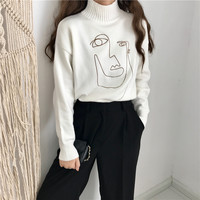 Cute Geometric Face Knit Turtleneck Oversized Sweater Long Sleeve Shirt Pullover Sweatshirt E-Girl Kawaii Korean Japanese Harajuku Retro Streetwear - Thumbnail 7