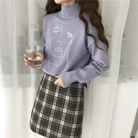 Cute Geometric Face Knit Turtleneck Oversized Sweater Long Sleeve Shirt Pullover Sweatshirt E-Girl Kawaii Korean Japanese Harajuku Retro Streetwear - Thumbnail 9