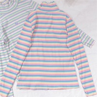 Cute Heart Sweet Rainbow Pastel Turtleneck Stripe Knit Long Sleeve Shirt Top Pullover Sweater E-Girl Kawaii Korean Japanese Harajuku Retro Streetwear - Thumbnail 1