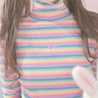 Cute Heart Sweet Rainbow Pastel Turtleneck Stripe Knit Long Sleeve Shirt Top Pullover Sweater E-Girl Kawaii Korean Japanese Harajuku Retro Streetwear - Thumbnail 2