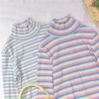 Cute Heart Sweet Rainbow Pastel Turtleneck Stripe Knit Long Sleeve Shirt Top Pullover Sweater E-Girl Kawaii Korean Japanese Harajuku Retro Streetwear - Thumbnail 3