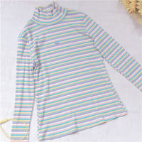 Cute Heart Sweet Rainbow Pastel Turtleneck Stripe Knit Long Sleeve Shirt Top Pullover Sweater E-Girl Kawaii Korean Japanese Harajuku Retro Streetwear - Thumbnail 4