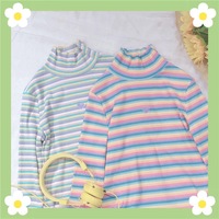Cute Heart Sweet Rainbow Pastel Turtleneck Stripe Knit Long Sleeve Shirt Top Pullover Sweater E-Girl Kawaii Korean Japanese Harajuku Retro Streetwear - Thumbnail 7