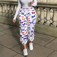 Cute Butterfly Rainbow Print Loose Baggy High Waisted Trousers Joggers Pants Sweats Bottom E-Girl Kawaii Korean Japanese Harajuku Retro Streetwear - Thumbnail 1