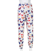 Cute Butterfly Rainbow Print Loose Baggy High Waisted Trousers Joggers Pants Sweats Bottom E-Girl Kawaii Korean Japanese Harajuku Retro Streetwear - Thumbnail 4