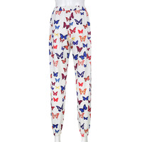 Cute Butterfly Rainbow Print Loose Baggy High Waisted Trousers Joggers Pants Sweats Bottom E-Girl Kawaii Korean Japanese Harajuku Retro Streetwear - Thumbnail 6